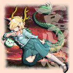  1girl black_footwear blonde_hair blue_bow blue_bowtie blue_shirt bow bowtie carbohydrate_(asta4282) character_name collarbone dragon_girl dragon_horns dragon_tail full_body green_scales green_skirt horns kicchou_yachie looking_at_viewer messy_hair otter_spirit_(touhou) puffy_sleeves red_eyes shirt short_hair skirt socks tail touhou turtle_shell very_long_tail white_socks 