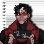  1boy batman_(series) bodysuit calladraws1 dc_comics domino_mask english_text height_chart highres holding holding_sign jason_todd looking_at_viewer male_focus mask meme multicolored_hair red_hood_(dc) red_mask sign solo two-tone_hair western_comics_(style) white_hair 
