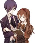 1boy 1girl ascot book bow bowtie brown_bow brown_bowtie brown_coat brown_eyes brown_hair brown_vest coat collared_shirt holding holding_book kitakawayui library_of_ruina long_hair long_sleeves malkuth_(project_moon) open_mouth project_moon purple_ascot purple_coat purple_hair shirt simple_background smile upper_body vest white_background white_shirt yesod_(project_moon) 