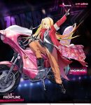  1girl arm_up armband black_footwear black_sailor_collar black_shirt blonde_hair character_name commentary copyright_name crossover drive-in_tori english_commentary english_text eyes_visible_through_hair girls_frontline hair_ornament hair_over_one_eye hair_ribbon highres jacket kickstand long_hair multicolored_hair neckerchief nikaidou_saki official_alternate_costume official_art on_motorcycle open_mouth orange_eyes orange_hair orange_pants pants ponytail promotional_art red_jacket ribbon sailor_collar salute shirt shoes side_ponytail smile solo streaked_hair tire tokkoufuku translation_request two-finger_salute vehicle_request very_long_hair white_armband white_neckerchief white_ribbon yitiao_er-hua zombie_land_saga 