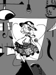  1girl 3ma_can_omochi bow character_name commentary_request corded_phone crazy_eyes disembodied_eye doorway frilled_skirt frilled_sleeves frills from_behind greyscale hanging_light hat hat_bow hatching_(texture) komeiji_koishi light_bulb looking_back looking_up medium_hair monochrome one_eye_closed open_mouth phone plant ringed_eyes shadow skirt sleeves_past_fingers sleeves_past_wrists smile solo third_eye touhou translation_request vines 