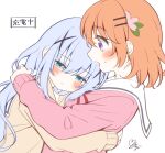  2girls aqua_eyes blue_hair blush commentary from_side gochuumon_wa_usagi_desu_ka? hair_between_eyes hair_ornament hairclip hoto_cocoa hug light_blue_hair long_hair long_sleeves mozukun43 multiple_girls open_mouth orange_hair profile school_uniform signature simple_background violet_eyes white_background x_hair_ornament yuri 