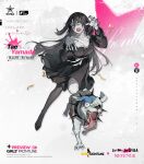  1girl animal artist_name bandaged_neck bandages black_hair blue_skin breasts character_name collar colored_skin commentary copyright_name crossover dog english_commentary full_body girls_frontline highres holding holding_animal holding_dog imoko_(imonatsuki) large_breasts long_hair long_sleeves looking_at_viewer official_art open_mouth outstretched_arms patchwork_skin promotional_art red_eyes romero_(zombie_land_saga) spiked_collar spikes very_long_hair yamada_tae zombie zombie_land_saga zombie_pose 