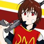  1girl arc_the_lad_iii bandage_on_face bandages cheryl_(arc_the_lad) closed_mouth gun highres holding holding_gun holding_weapon looking_at_viewer norao red_eyes redhead short_hair solo weapon 