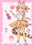  1girl animal_ears bow bowtie brown_eyes brown_hair cat_ears cat_girl cat_tail extra_ears highres kemono_friends kemono_friends_v_project kneehighs large-spotted_genet_(kemono_friends) looking_at_viewer microphone ribbon shirt shoes simple_background skirt socks solo suspenders tail twintails virtual_youtuber y0whqzz8bkslezl 