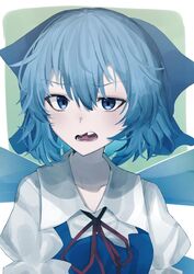  1girl blue_bow blue_dress blue_eyes blue_hair bow breasts cirno collarbone commentary_request dress furrowed_brow hair_between_eyes highres ice ice_wings looking_at_viewer missing_tooth nasu1225 open_mouth red_ribbon ribbon short_hair simple_background small_breasts solo touhou upper_body wing_collar wings 