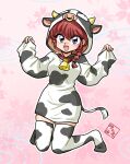  1girl animal_costume animal_ears belt blue_eyes breasts cow_costume cow_ears cow_horns cow_tail hair_between_eyes horns open_mouth pink_background ranma-chan ranma_1/2 redhead simple_background solo tail wanta_(futoshi) 