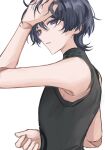  1boy absurdres black_hair black_shirt colored_inner_hair facing_to_the_side genshin_impact hand_in_own_hair highres looking_at_viewer male_focus mnce_o multicolored_hair purple_hair red_eyeliner scaramouche_(genshin_impact) shirt short_hair sleeveless sleeveless_shirt solo teeth turtleneck violet_eyes wanderer_(genshin_impact) 