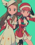  2girls :3 bare_shoulders belt beret black_gloves brown_belt brown_hair closed_mouth commentary_request detached_sleeves dress gloves green_background hand_up hat highres jasmine_(holiday_2022)_(pokemon) jasmine_(pokemon) long_hair looking_at_viewer multiple_girls official_alternate_costume one_side_up pokemon pokemon_(game) pokemon_masters_ex red_dress red_gloves red_headwear santa_hat shorts smile twintails tyako_089 white_headwear white_shorts whitney_(holiday_2022)_(pokemon) whitney_(pokemon) 