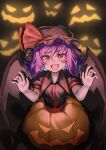  1girl :d absurdres ailu_elf bat_wings black_headwear black_shirt chinese_commentary collared_shirt commentary_request fang halloween hat hat_ribbon highres mob_cap open_mouth orange_skirt purple_hair red_eyes red_ribbon remilia_scarlet ribbon shirt short_hair skin_fang skirt smile solo touhou wings 