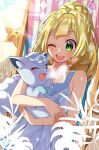  1girl ;d alolan_vulpix bare_arms blonde_hair blush braid breath character_print collarbone commentary day dress eyelashes green_eyes happy holding holding_pokemon lillie_(pokemon) long_hair looking_down luvdisc one_eye_closed open_mouth outdoors pokemon pokemon_(creature) pokemon_(game) pokemon_sm shinomono921 sleeveless sleeveless_dress smile staryu teeth tongue upper_teeth_only white_dress 