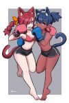  2girls amazu_(kurozu) bare_shoulders barefoot blue_gloves blue_hair blue_shirt boxing_gloves dark-skinned_female dark_skin gloves highres kickboxing multiple_girls original red_gloves red_shirt redhead shirt 