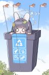  1girl ? animal_ears bird black_hair blue_archive blue_sky blunt_bangs clouds cloudy_sky commentary_request confused fake_animal_ears flying hairband halo highres in_trash_can ine_(ineinnen) leaf leaf_on_head long_hair looking_at_viewer miyu_(blue_archive) o_o parted_lips peeking_out rabbit_ears recycle_bin sidelocks sky sweatdrop trash_can triangle_mouth 