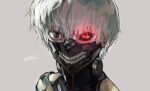  1boy black_eyes black_sclera character_name colored_sclera grey_background grey_hair heterochromia highres kaneki_ken male_focus monte_tako portrait red_eyes short_hair simple_background solo teeth_print tokyo_ghoul 