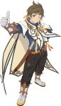  1boy boots brown_hair english_commentary feathers full_body gloves green_eyes highres male_focus official_art one_eye_closed pants single_glove smile solo sorey_(tales) tales_of_(series) tales_of_asteria tales_of_zestiria thumbs_up transparent_background 