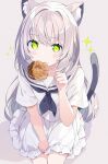  1girl animal_ear_fluff animal_ears black_neckerchief blush cat_ears cat_girl cat_tail commentary cropped_legs doughnut food food_in_mouth frilled_skirt frills from_below green_eyes grey_background hair_between_eyes hair_intakes hand_up highres long_hair looking_at_viewer neckerchief original paw_pose sailor_collar school_uniform serafuku short_sleeves simple_background sitting skirt solo sparkle symbol-only_commentary tail tantan_men_(dragon) white_hair white_sailor_collar white_serafuku white_skirt 