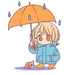  1girl blonde_hair blue_raincoat boots chibi commentary_request full_body honda_sora kashikaze lonely_girl_ni_sakaraenai medium_hair orange_eyes rain raincoat rubber_boots simple_background snail solo standing umbrella white_background 