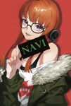  1girl bare_shoulders behind-the-head_headphones black_tank_top card english_text eroka404 fur-trimmed_jacket fur_trim glasses green_jacket hand_up headphones highres holding holding_card index_finger_raised jacket long_hair looking_at_viewer off-shoulder_shirt off_shoulder open_mouth orange_hair persona persona_5 print_shirt red_background sakura_futaba shirt simple_background smile solo straight_hair tank_top teeth upper_body upper_teeth_only violet_eyes white_shirt 