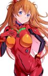  1girl absurdres blue_eyes bodysuit breasts brown_hair closed_mouth floating_hair hairpods hand_on_own_hip hand_up highres long_hair looking_at_viewer medium_breasts neon_genesis_evangelion orange_hair plugsuit red_bodysuit simple_background smile solo souryuu_asuka_langley two_side_up very_long_hair white_background yoshimoto_(carpsukidayo) 