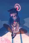  1girl absurdres animal_ears black_choker black_hair black_hoodie black_pantyhose blue_archive blue_sailor_collar blurry blurry_foreground candy cat_ears cat_girl choker colored_inner_hair food full_body glowing_halo graffiti halo highres hood hoodie indian_style kazusa_(blue_archive) looking_at_viewer multicolored_hair neckerchief nekoyun93 pantyhose pink_hair pleated_skirt red_eyes red_neckerchief sailor_collar shoes short_hair single_shoe sitting skirt sneakers solo white_skirt wrapped_candy 