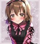  1girl ayaca black_dress blush brown_hair dated dress frilled_dress frills grey_hair hairband heart heart_in_eye idolmaster idolmaster_cinderella_girls kita_hinako lips looking_at_viewer medium_hair orange_eyes pink_lips pink_shirt ribbon-trimmed_sleeves ribbon_trim shirt smile solo symbol_in_eye thought_bubble 