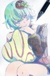  1girl art_tools_in_frame bow brown_bow brown_shirt candle_no_kaori_wa_omoide_to_tomo_ni_(project_sekai) commentary graphite_(medium) green_bow green_hair hair_bow hair_ornament heart heart_pillow highres holding holding_pillow kusanagi_nene long_sleeves looking_at_viewer marker_(medium) mechanical_pencil open_mouth pato_(ptro) pencil pillow project_sekai puffy_long_sleeves puffy_sleeves shirt short_hair solo traditional_media violet_eyes 
