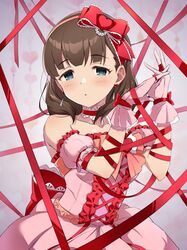  1girl arm_ribbon bare_shoulders blue_eyes blurry blurry_background blush bow bowtie breasts brown_hair choker detached_sleeves dot_nose dress earrings finger_ribbon frilled_dress frilled_sleeves frills gloves hair_ornament hair_ribbon hairband hands_up heart highres idolmaster idolmaster_cinderella_girls idolmaster_cinderella_girls_starlight_stage jewelry looking_at_viewer medium_breasts nanananananasea parted_lips pearl_hair_ornament pink_background pink_bow pink_bowtie pink_dress pink_gloves pink_hairband pink_sleeves red_choker red_ribbon ribbon sakuma_mayu short_hair sleeveless sleeveless_dress solo wrist_ribbon 