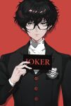  1boy amamiya_ren black_hair black_jacket blazer buttons card closed_mouth english_text eroka404 glasses hand_up highres holding holding_card jacket looking_at_viewer male_focus persona persona_5 red_background school_uniform shirt short_hair shuujin_academy_school_uniform simple_background solo turtleneck upper_body white_shirt yellow_eyes 