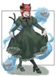  1girl animal_ears arms_up black_bow bow braid breasts cat_ears cat_tail clothes_pull dress extra_ears floating_skull full_body green_dress hair_bow hair_ribbon high_heels highres hitodama juliet_sleeves kaenbyou_rin light_blush long_hair long_sleeves looking_at_viewer looking_down nekomata pantyhose parted_lips pointy_ears puffy_sleeves red_eyes redhead ribbon saya_marochan simple_background skirt skirt_pull small_breasts solo tail touhou tress_ribbon twin_braids white_background 