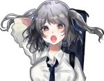  1girl blue_necktie blush close-up collared_shirt eyelashes grey_eyes grey_hair hand_on_own_head long_sleeves necktie open_mouth original school_uniform sharp_teeth shirt sleeve_rolled_up suzune_hapinesu tabletop_rpg teeth tongue tongue_out twintails upper_body violin_case wavy_hair white_shirt 