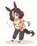  1girl animal_ears animal_hug black_footwear black_pants blush brown_eyes brown_hair colored_shadow commentary covered_mouth dog fluffy full_body grey_hair hair_over_one_eye horse_ears horse_girl horse_tail long_hair low_ponytail multicolored_hair nanashi_(774umauma) pants ponytail shadow shirt shoes short_sleeves simple_background solo sound_effects streaked_hair tail twitter_username umamusume v-shaped_eyebrows very_long_hair vodka_(umamusume) white_background yellow_shirt 