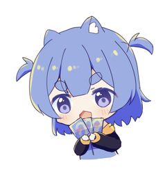  1boy :3 animal_ear_fluff animal_ears blue_eyes blue_hair blue_jacket cards cat_ears chibi holding hyogayome_(artist) indie_virtual_youtuber jacket looking_at_viewer open_mouth pale-skinned_male pale_skin short_hair virtual_youtuber yashiro_hyoga 