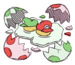  ayyk92 broken_egg cabbie_hat clothes_writing commentary egg egg_yolk eggshell english_commentary food_focus green_headwear hat luigi mario no_humans red_headwear simple_background sketch still_life super_mario_bros. white_background yoshi_egg 