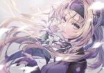  bianca_(punishing:_gray_raven) blonde_hair falling_petals flower gloves grey_eyes headgear looking_at_viewer mechanical_parts petals ponytail punishing:_gray_raven ribbon smile 