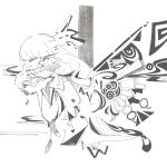  1girl 3ma_can_omochi abstract arrow_(symbol) bleeding blood bow commentary covering_mouth cropped_torso falling_feathers from_side fujiwara_no_mokou greyscale hair_bow half-closed_eyes hand_on_own_neck hand_over_own_mouth highres long_hair low-tied_long_hair monochrome profile short_sleeves smoke_from_mouth solo song_name touhou translated twitter_username wings 