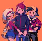  1girl 2boys :d backwards_hat baseball_cap black_hair black_shirt blue_overalls blush brown_hair cabbie_hat closed_eyes closed_mouth cowlick ethan_(pokemon) grey_eyes hand_on_another&#039;s_shoulder hat highres jacket long_hair lyra_(pokemon) multiple_boys ok_ko19 open_mouth orange_background overalls pants pokemon pokemon_(game) pokemon_hgss redhead shirt short_hair silver_(pokemon) smile teeth twintails upper_teeth_only white_headwear yellow_bag zipper_pull_tab 