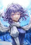  1girl absurdres bare_tree closed_mouth commentary_request highres juliet_sleeves letty_whiterock long_sleeves looking_at_viewer mamiru_(42105269) outdoors puffy_sleeves purple_hair scarf short_hair snow solo touhou tree upper_body violet_eyes white_headwear white_scarf 