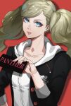  1girl black_jacket blazer blonde_hair blue_eyes card collarbone earrings english_text eroka404 hair_ornament hairclip hand_up highres holding holding_card hood hood_down hoodie jacket jewelry lips long_hair looking_at_viewer open_clothes open_jacket parted_lips persona persona_5 red_background red_lips school_uniform shirt shuujin_academy_school_uniform simple_background solo stud_earrings takamaki_anne twintails upper_body white_hoodie zipper_pull_tab 