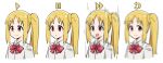  1girl arrow_(symbol) blonde_hair blurry blush bocchi_the_rock! bow bowtie brown_eyes closed_mouth collared_shirt commentary_request expressive_hair ijichi_nijika long_hair looking_at_viewer multiple_views parted_bangs parted_lips red_bow red_bowtie shirt side_ponytail sidelocks smile split_mouth tenten_(chan4545) upper_body white_background white_shirt 