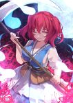  1girl chiroru_(cheese-roll) closed_mouth flower highres holding holding_weapon looking_at_viewer moon one_eye_closed onozuka_komachi redhead scythe short_twintails smile spider_lily touhou twintails weapon 