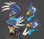  1boy animal_feet arijuno arm_up armor beak bird_boy bird_legs bird_tail blue_fur blue_hair blue_scarf blue_wings blush_stickers body_fur braid breastplate claws closed_eyes commentary constricted_pupils english_commentary full_body furry furry_male green_eyes grey_background hair_tie happy looking_to_the_side male_focus multiple_views open_mouth portrait profile quad_tails revali rito scarf short_hair shoulder_pads simple_background smile sparkle standing surprised tail the_legend_of_zelda the_legend_of_zelda:_breath_of_the_wild tongue two-tone_fur u_u white_fur wide-eyed wings 