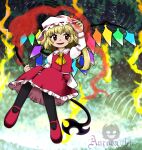  1girl ascot aurora_artz blonde_hair commentary_request crystal flandre_scarlet full_body hat long_sleeves medium_hair mixed-language_commentary mob_cap parody red_eyes red_footwear red_skirt red_vest shirt skirt solo style_parody touhou vest white_headwear white_shirt wings yellow_ascot zun_(style) 