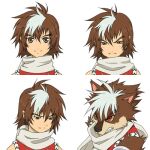  1boy brown_eyes brown_hair caius_qualls expressions hair_between_eyes lowres male_focus redhead sad scrunchie smile tales_of_(series) tales_of_the_tempest tempyou_kango upper_body white_background white_hair white_scrunchie wolf_boy 