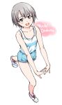 1girl :d blue_shorts blush breasts collarbone green_eyes hamao idolmaster idolmaster_cinderella_girls open_mouth otokura_yuuki purple_hair shoes shorts simple_background small_breasts smile sneakers solo stretching tank_top tomboy white_background white_footwear white_tank_top