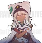  1girl asymmetrical_gloves bandaged_arm bandages character_name clover dark-skinned_female dark_skin fingerless_gloves four-leaf_clover gloves guilty_gear guilty_gear_strive long_hair looking_at_viewer migumigu orange_eyes ramlethal_valentine red_bandage v white_gloves white_hair white_headwear yellow_eyes 