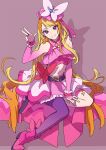  1girl bare_shoulders belt blonde_hair boots bow butterfly_earrings cure_butterfly earrings elbow_gloves fingerless_gloves gloves hair_bow hat hijiri_ageha hirogaru_sky!_precure isshoku_(shiki) jewelry long_hair looking_at_viewer magical_girl mini_hat mini_top_hat miniskirt multicolored_hair orange_hair pink_footwear pink_headwear pink_vest precure ring single_leg_pantyhose sitting skirt smile solo swept_bangs thigh_strap top_hat two-tone_hair very_long_hair vest victory_pose violet_eyes white_skirt 