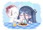  1boy 1girl :t ^_^ aris_(blue_archive) arona&#039;s_sensei_doodle_(blue_archive) black_hair black_hairband blue_archive blue_necktie chibi closed_eyes closed_mouth collared_shirt cup drink drinking_glass eating food food_on_face food_request fork hairband halo heart highres holding holding_fork holding_knife kaoling knife long_hair long_sleeves necktie one_side_up outline plate profile sensei_(blue_archive) shirt spoken_heart steak wavy_mouth white_outline white_shirt 