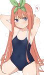  1girl aged_down armpits arms_up bare_arms barefoot blue_eyes blue_one-piece_swimsuit breasts closed_mouth collarbone commentary_request double-parted_bangs expressionless eyelashes female_child go-toubun_no_hanayome green_ribbon hair_between_eyes hair_ribbon hair_spread_out heart highres irarei_(araisanblog) loli long_hair looking_at_viewer nakano_yotsuba one-piece_swimsuit orange_hair paid_reward_available ribbon school_swimsuit simple_background sitting small_breasts solo spoken_heart straight_hair sweat swimsuit variant_set very_long_hair wariza white_background 
