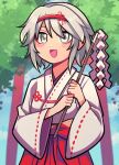  1jumangoku 1other alternate_costume blue_sky blush blush_stickers bow clouds cloudy_sky commentary eyelashes flower flower_brooch gohei grey_eyes grey_hair hair_flower hair_ornament hairband hakama holding holding_gohei houlen_yabusame japanese_clothes kimono len&#039;en long_sleeves miko open_mouth red_bow red_hairband red_hakama ribbon-trimmed_kimono ribbon-trimmed_sleeves ribbon_trim short_hair_with_long_locks sky smile torii tree waist_bow white_kimono wide_sleeves 