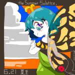  1girl 3ma_can_omochi arthropod_girl black_border blue_eyes blue_hair blush border butterfly_wings closed_mouth clouds commentary_request cowboy_shot cross-shaped_pupils dated dress english_text eternity_larva from_behind green_dress hair_behind_ear hand_up highres looking_at_viewer looking_back multicolored_eyes off-shoulder_dress off_shoulder outside_border short_hair smile solo symbol-shaped_pupils touhou translation_request transparent_wings twitter_username violet_eyes wings yellow_eyes 
